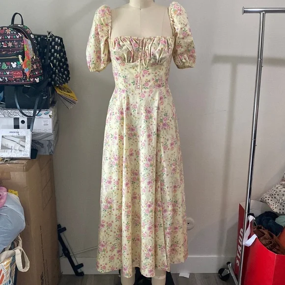 House of CB Cream Floral Puff-Sleeve Midi Dress with Pink & Green Accents - Picture 2 of 9